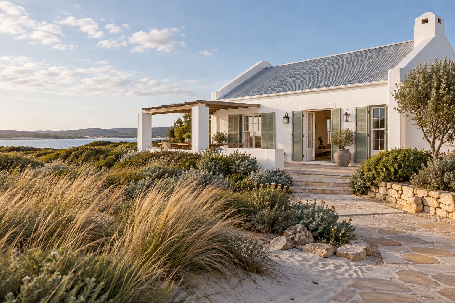 Illustrative West Coast-style holiday home with a garden and coastal grasses